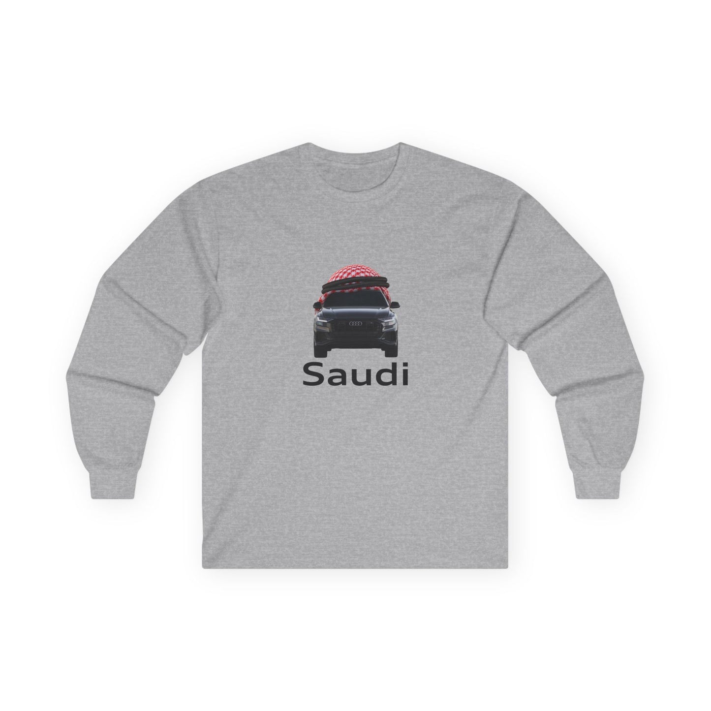 A t-shirt graphic featuring a front-facing Audi car wearing a red and white Saudi shamagh on its roof like a traditional headdress, styled in a modern streetwear aesthetic.
