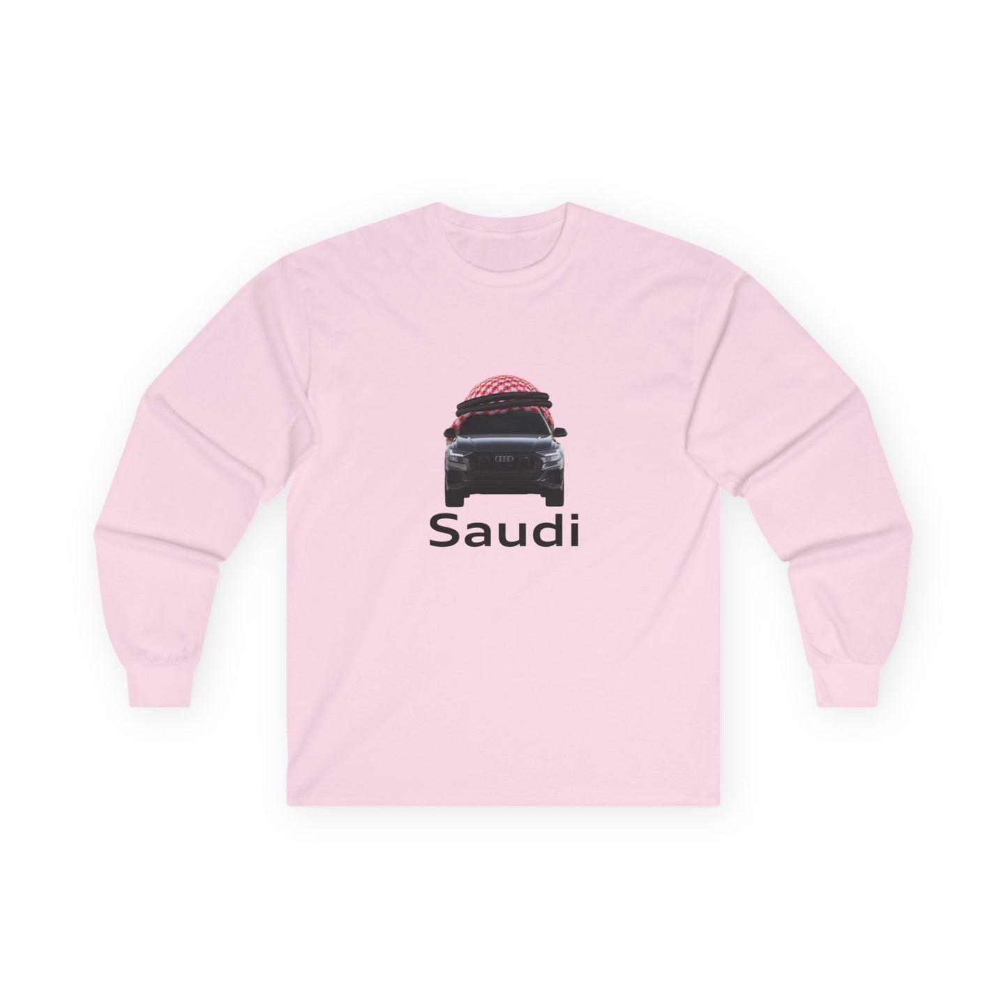 A t-shirt graphic featuring a front-facing Audi car wearing a red and white Saudi shamagh on its roof like a traditional headdress, styled in a modern streetwear aesthetic.