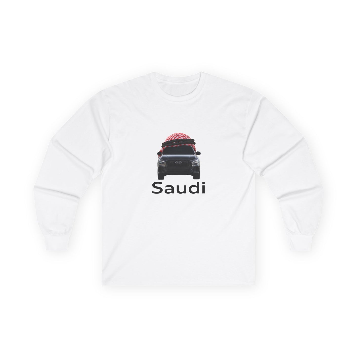 A t-shirt graphic featuring a front-facing Audi car wearing a red and white Saudi shamagh on its roof like a traditional headdress, styled in a modern streetwear aesthetic.