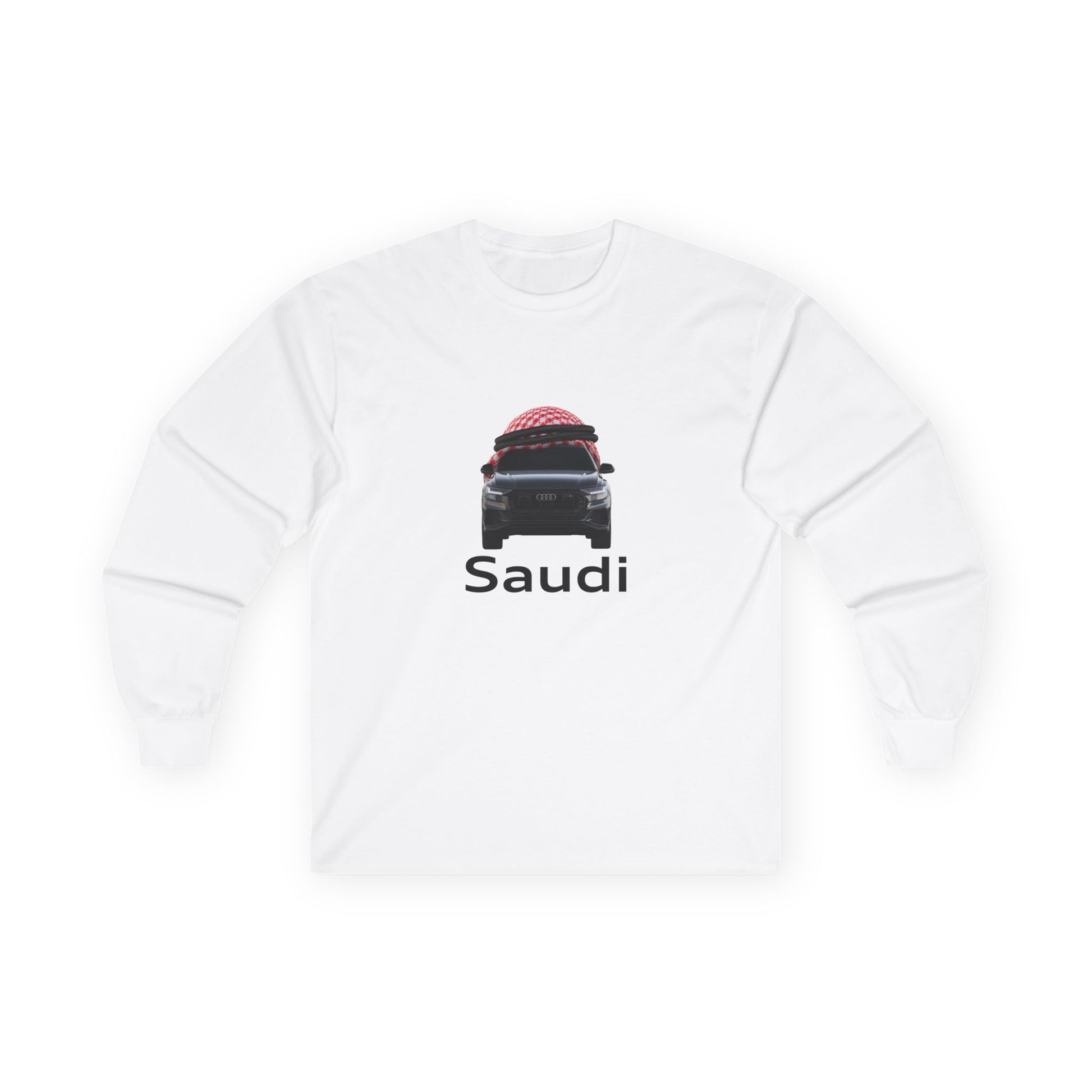 A t-shirt graphic featuring a front-facing Audi car wearing a red and white Saudi shamagh on its roof like a traditional headdress, styled in a modern streetwear aesthetic.