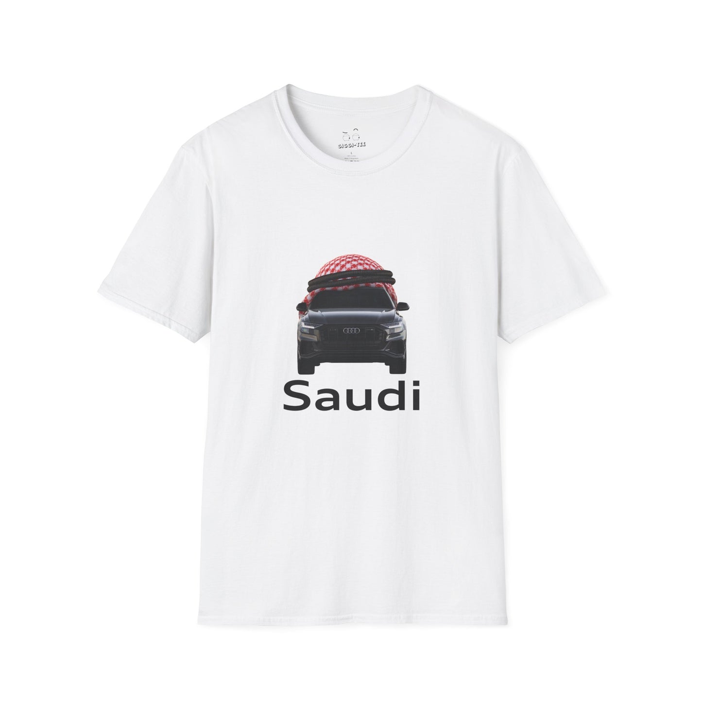 Illustration of an Audi car wearing a traditional Saudi shamagh headscarf in a bold, humorous style