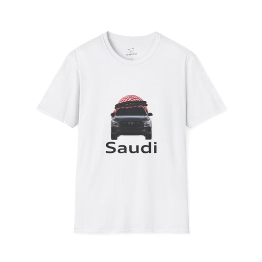 Illustration of an Audi car wearing a traditional Saudi shamagh headscarf in a bold, humorous style
