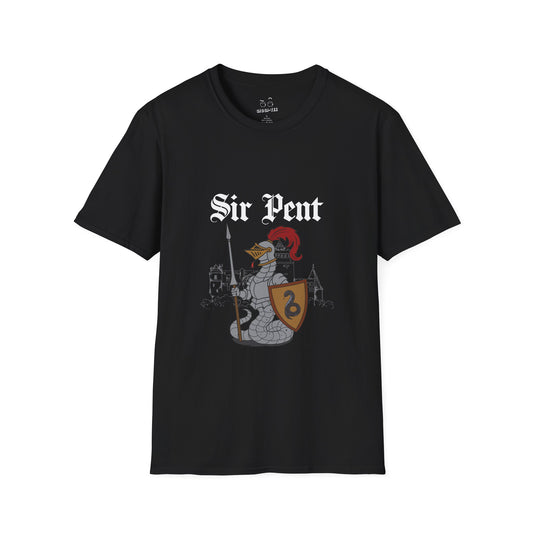 Serpent snake knight in full body armor holding a sword and shield, epic medieval reptile warrior parody design