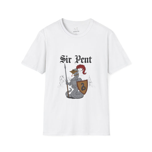 Serpent snake knight in full body armor holding a sword and shield, epic medieval reptile warrior parody design