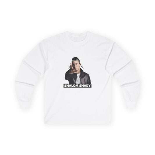 Illustration of Eminem parody titled “Shalom Shady,” featuring Slim Shady wearing a kippa, payot, and a Star of David necklace.