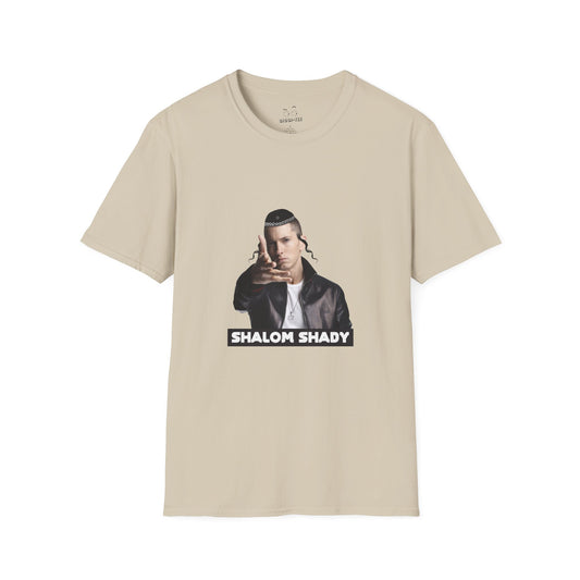 Illustration of Eminem parody titled “Shalom Shady,” featuring Slim Shady wearing a kippa, payot, and a Star of David necklace.