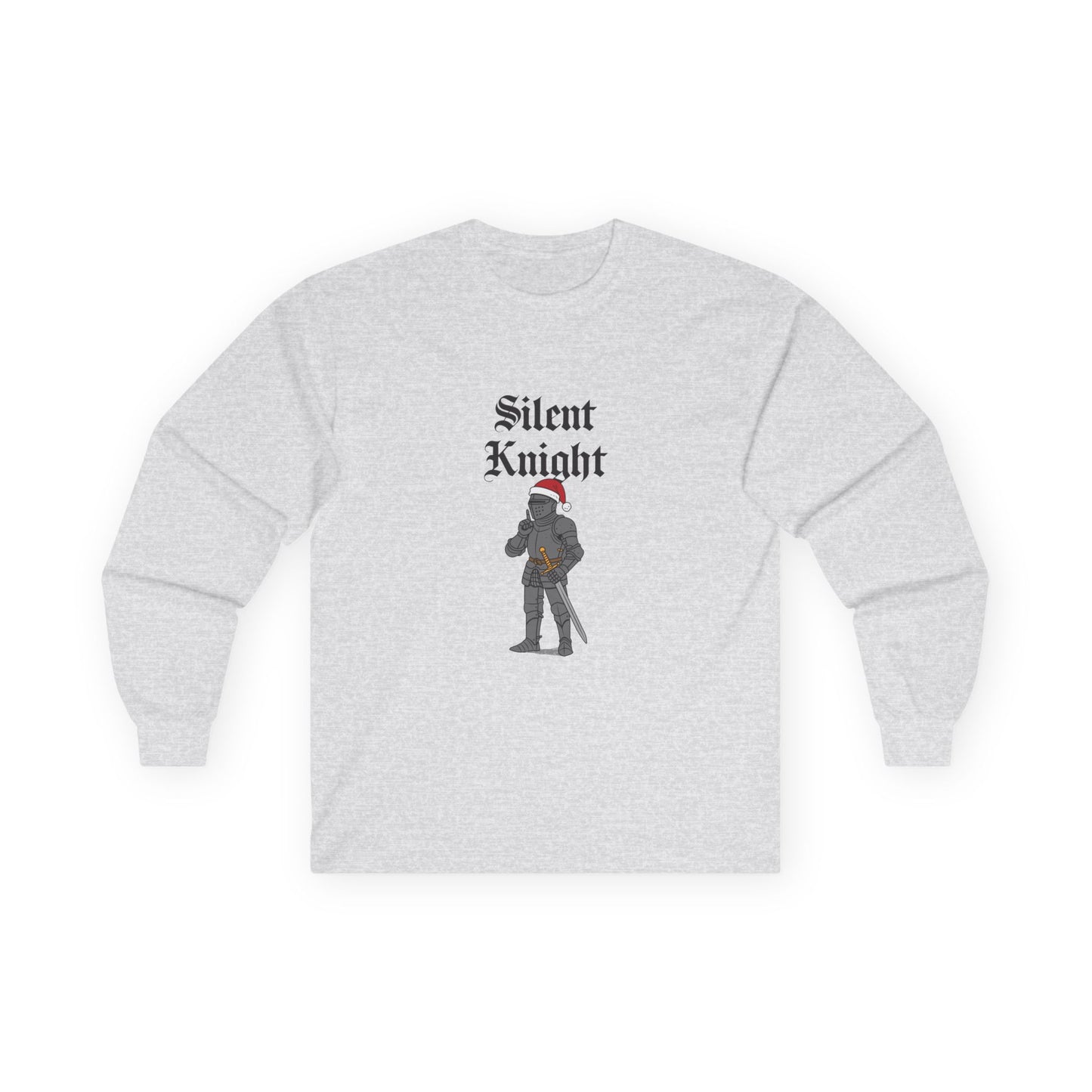 A medieval knight wearing a red Christmas hat and holding a finger to his lips in a “shh” gesture, parody of “Silent Night” titled “Silent Knight.”