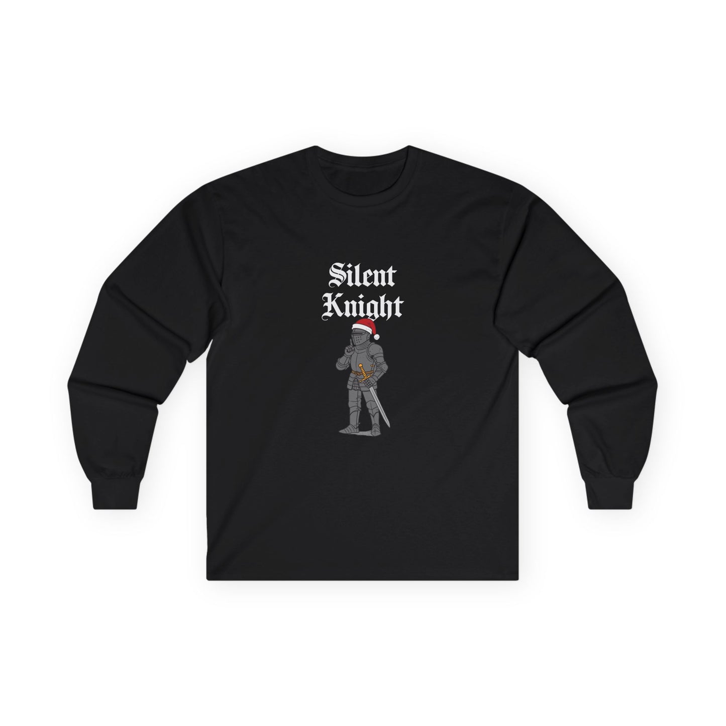 A medieval knight wearing a red Christmas hat and holding a finger to his lips in a “shh” gesture, parody of “Silent Night” titled “Silent Knight.”