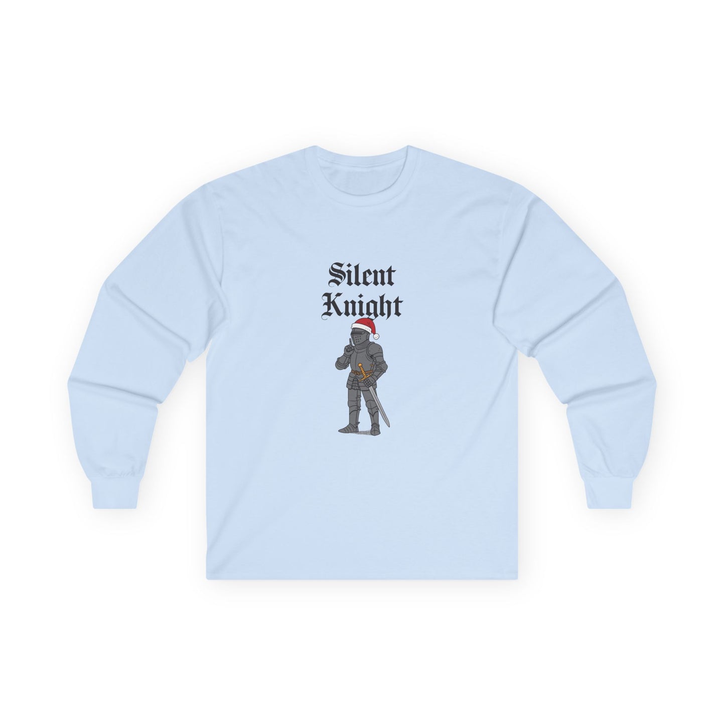 A medieval knight wearing a red Christmas hat and holding a finger to his lips in a “shh” gesture, parody of “Silent Night” titled “Silent Knight.”