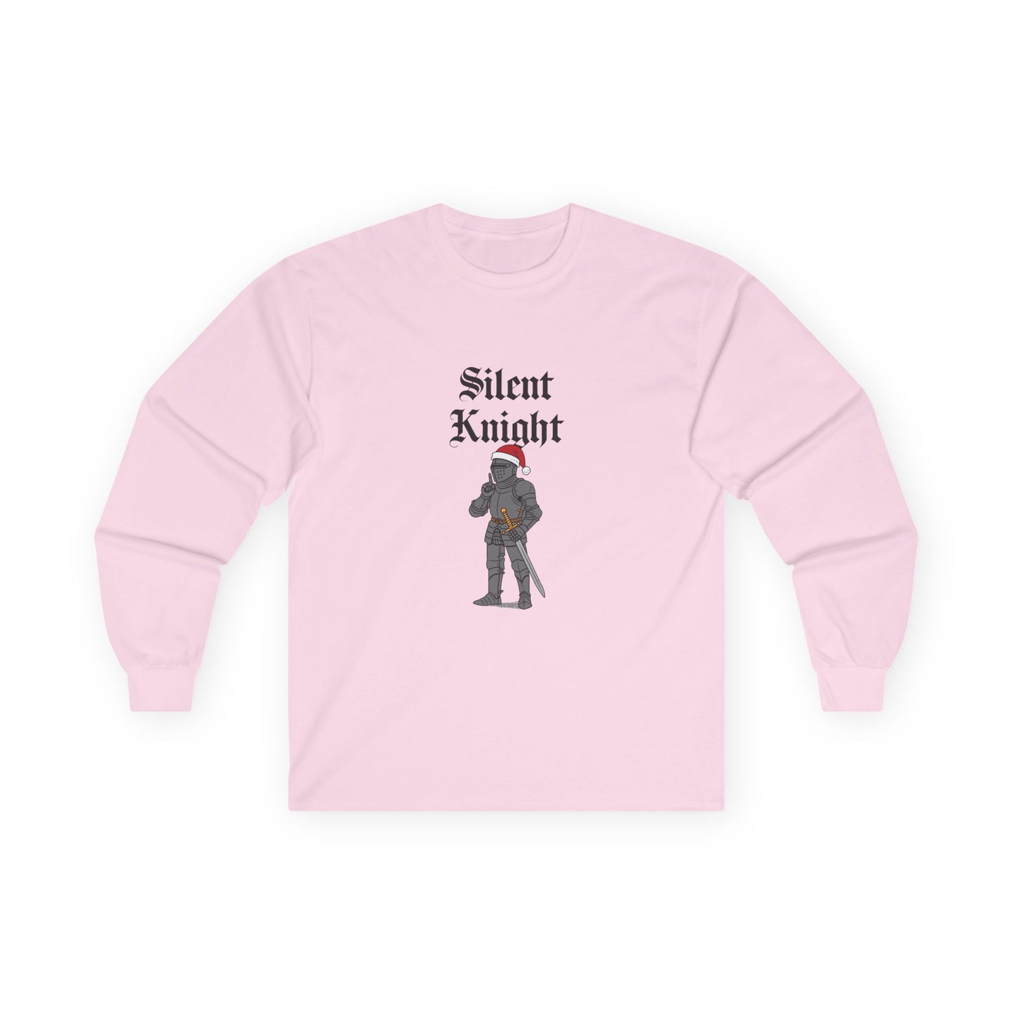 A medieval knight wearing a red Christmas hat and holding a finger to his lips in a “shh” gesture, parody of “Silent Night” titled “Silent Knight.”