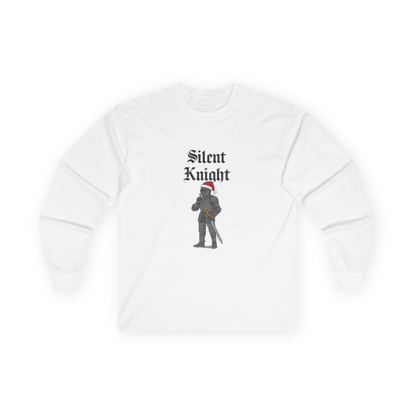 A medieval knight wearing a red Christmas hat and holding a finger to his lips in a “shh” gesture, parody of “Silent Night” titled “Silent Knight.”