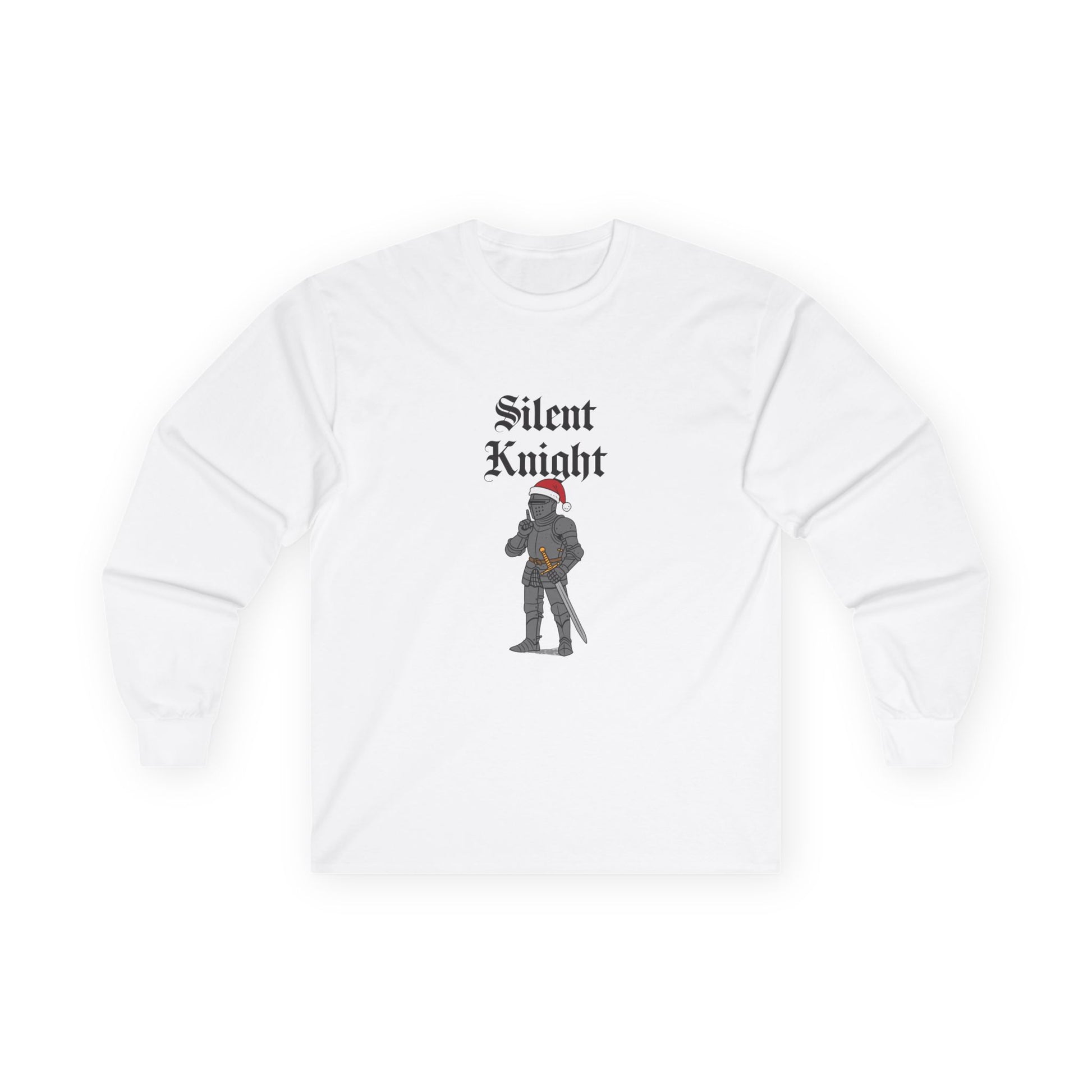 A medieval knight wearing a red Christmas hat and holding a finger to his lips in a “shh” gesture, parody of “Silent Night” titled “Silent Knight.”