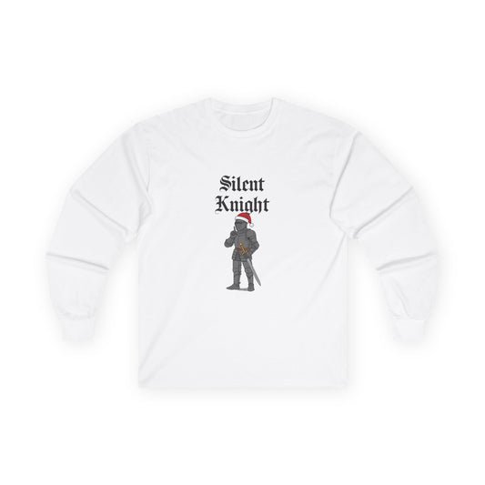 A medieval knight wearing a red Christmas hat and holding a finger to his lips in a “shh” gesture, parody of “Silent Night” titled “Silent Knight.”