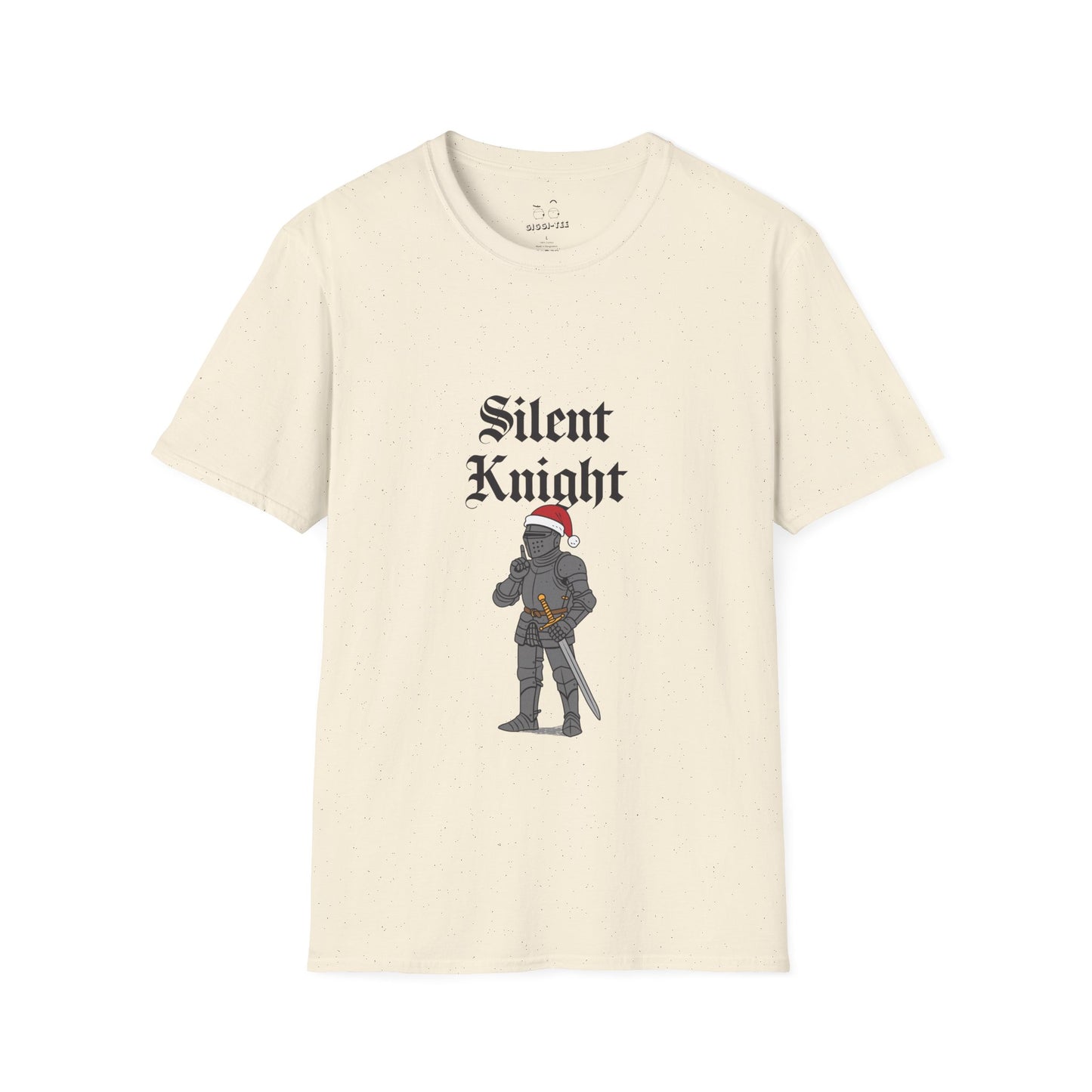 A medieval knight wearing a red Christmas hat and holding a finger to his lips in a “shh” gesture, parody of “Silent Night” titled “Silent Knight.”