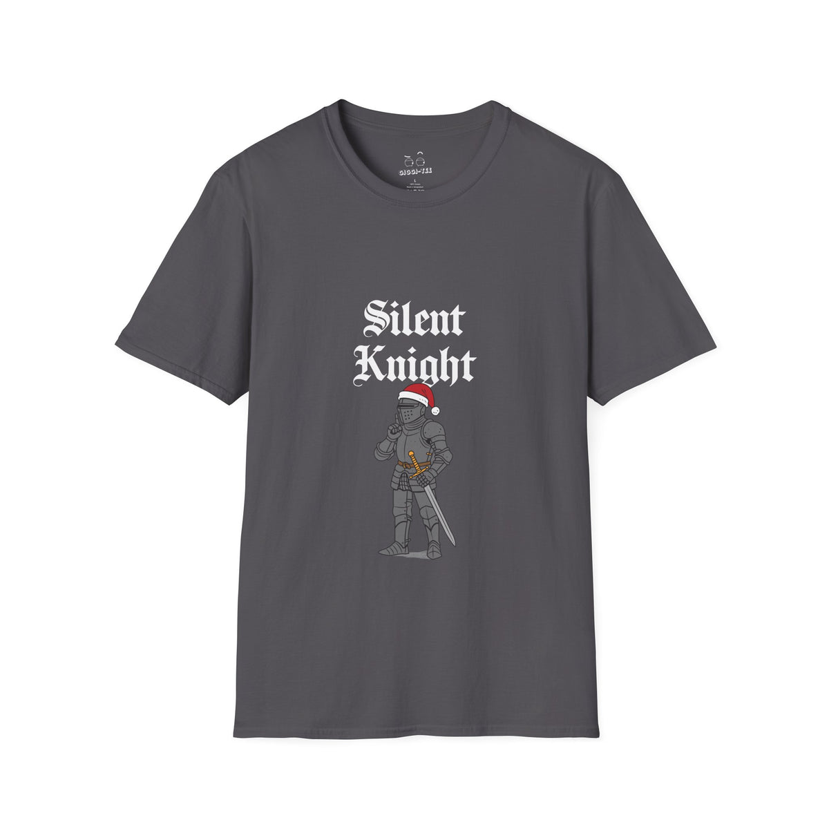A funny medieval shirt design with a knight wearing a red Christmas hat and holding a finger to his lips in a “shh” gesture, parody of “Silent Night” titled “Silent Knight.”