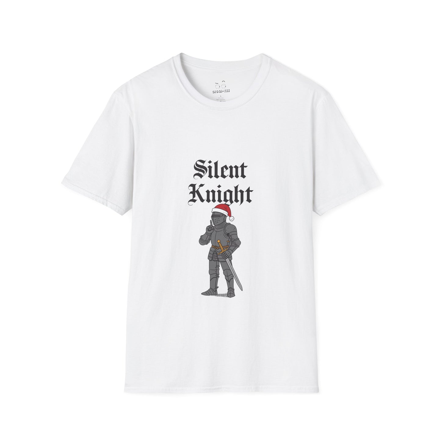 A medieval knight wearing a red Christmas hat and holding a finger to his lips in a “shh” gesture, parody of “Silent Night” titled “Silent Knight.”