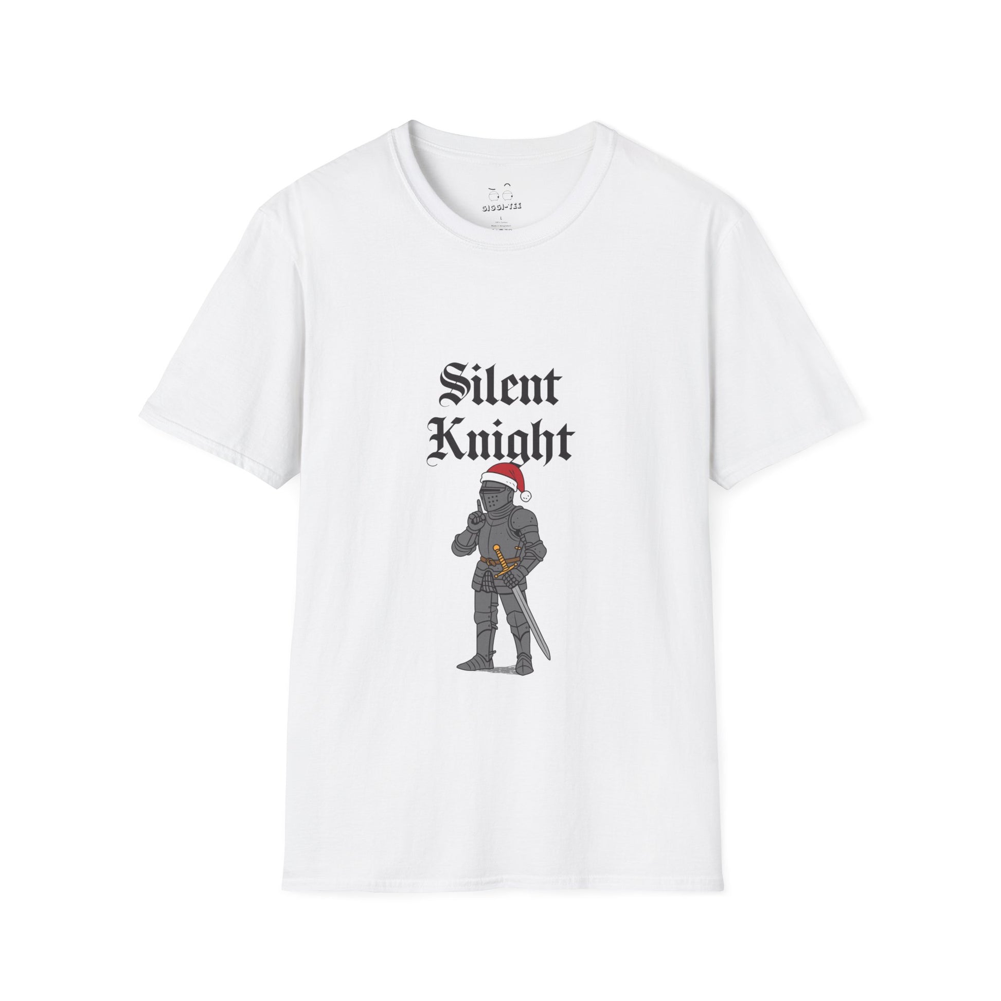 A medieval knight wearing a red Christmas hat and holding a finger to his lips in a “shh” gesture, parody of “Silent Night” titled “Silent Knight.”