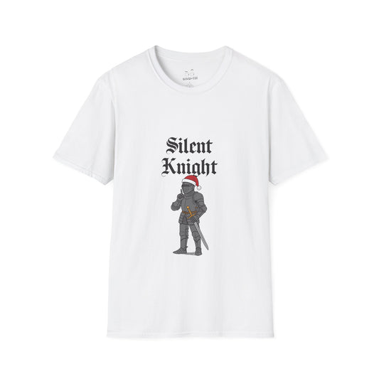 A medieval knight wearing a red Christmas hat and holding a finger to his lips in a “shh” gesture, parody of “Silent Night” titled “Silent Knight.”