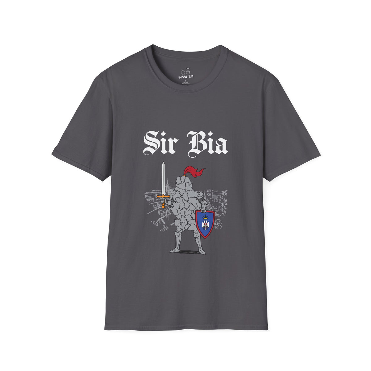 Funny medieval shirt design illustration of Serbia shaped as a knight in shining armor "Sir Bia" holding a sword and shield.