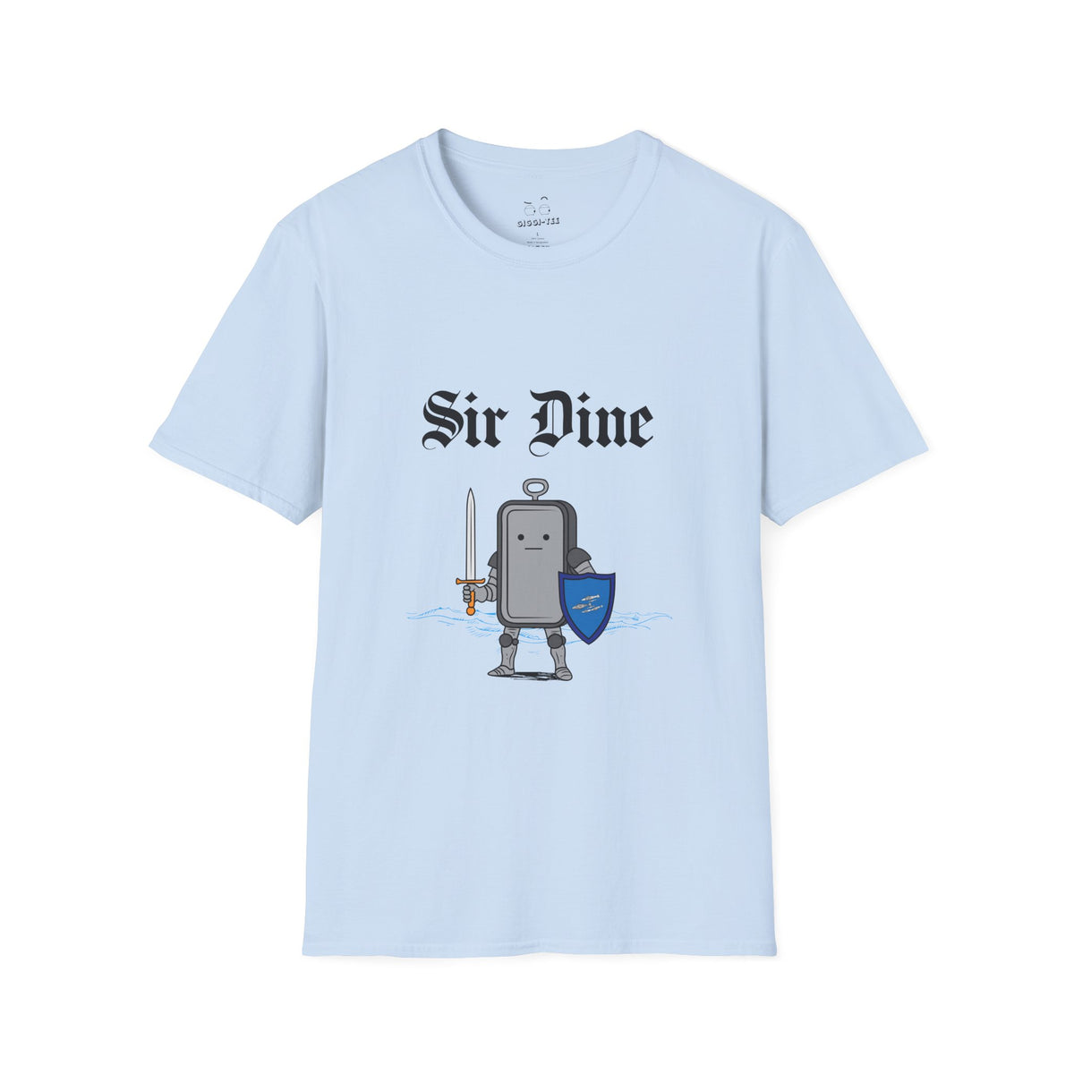 funny medieval shirt design with an illustration of a sardine can as a knight in shining armor "Sir Dine" holding a sword and shield.