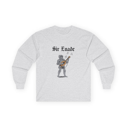 Illustration of a knight in armor holding a lute or guitar instead of a weapon.