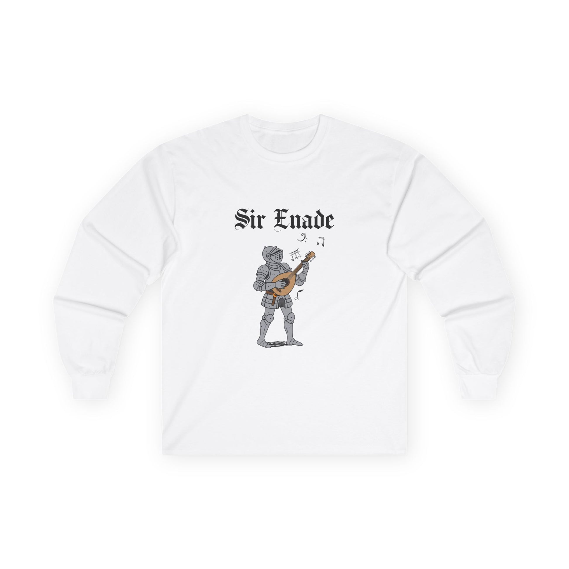 Illustration of a knight in armor holding a lute or guitar instead of a weapon.