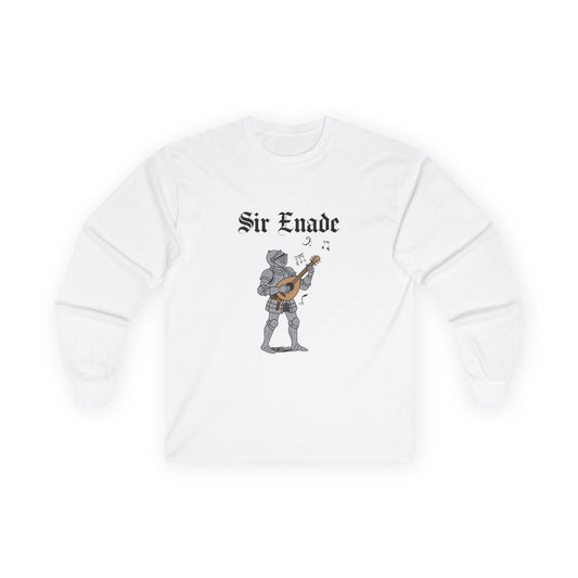 Illustration of a knight in armor holding a lute or guitar instead of a weapon.