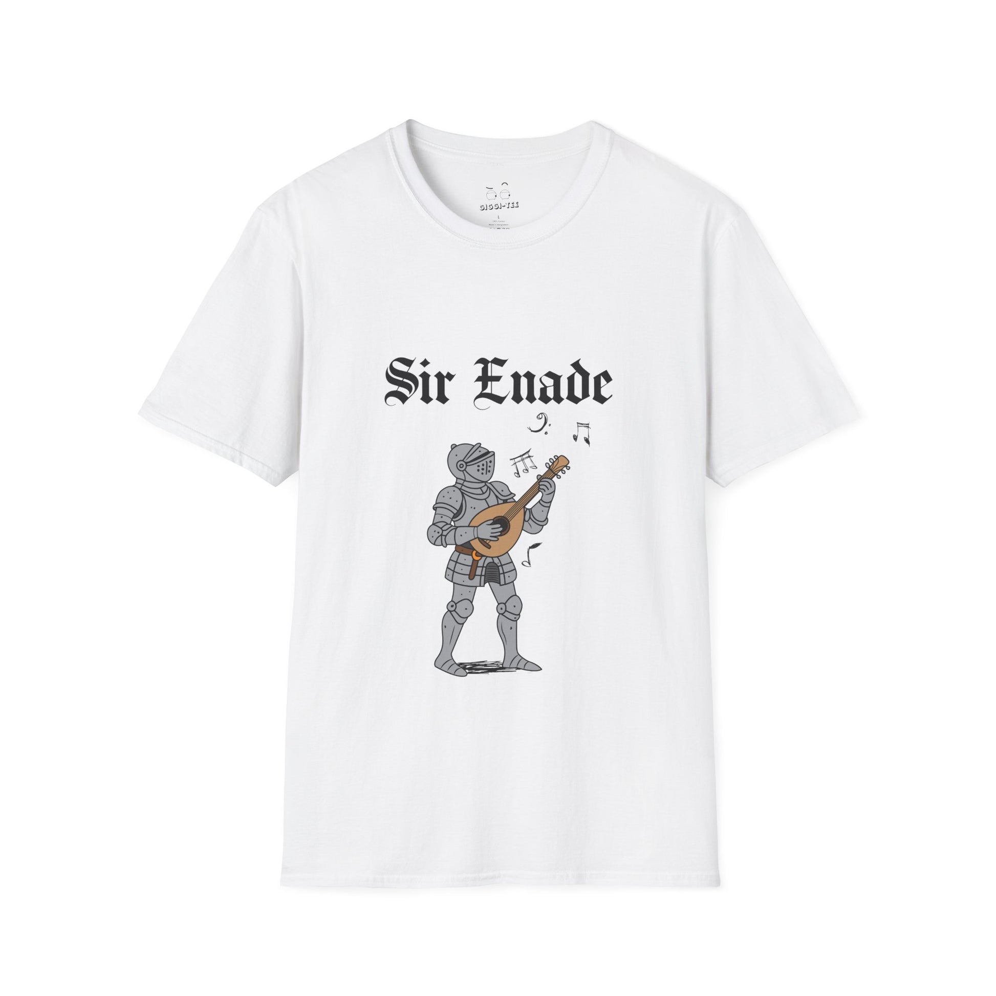 Illustration of a knight in armor holding a lute or guitar instead of a weapon.