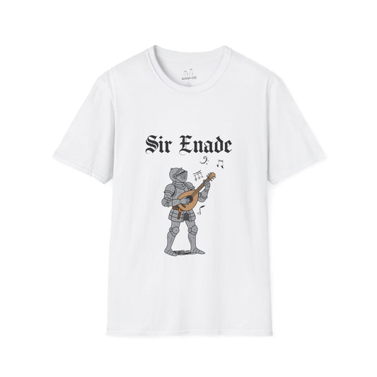 Illustration of a knight in armor holding a lute or guitar instead of a weapon.