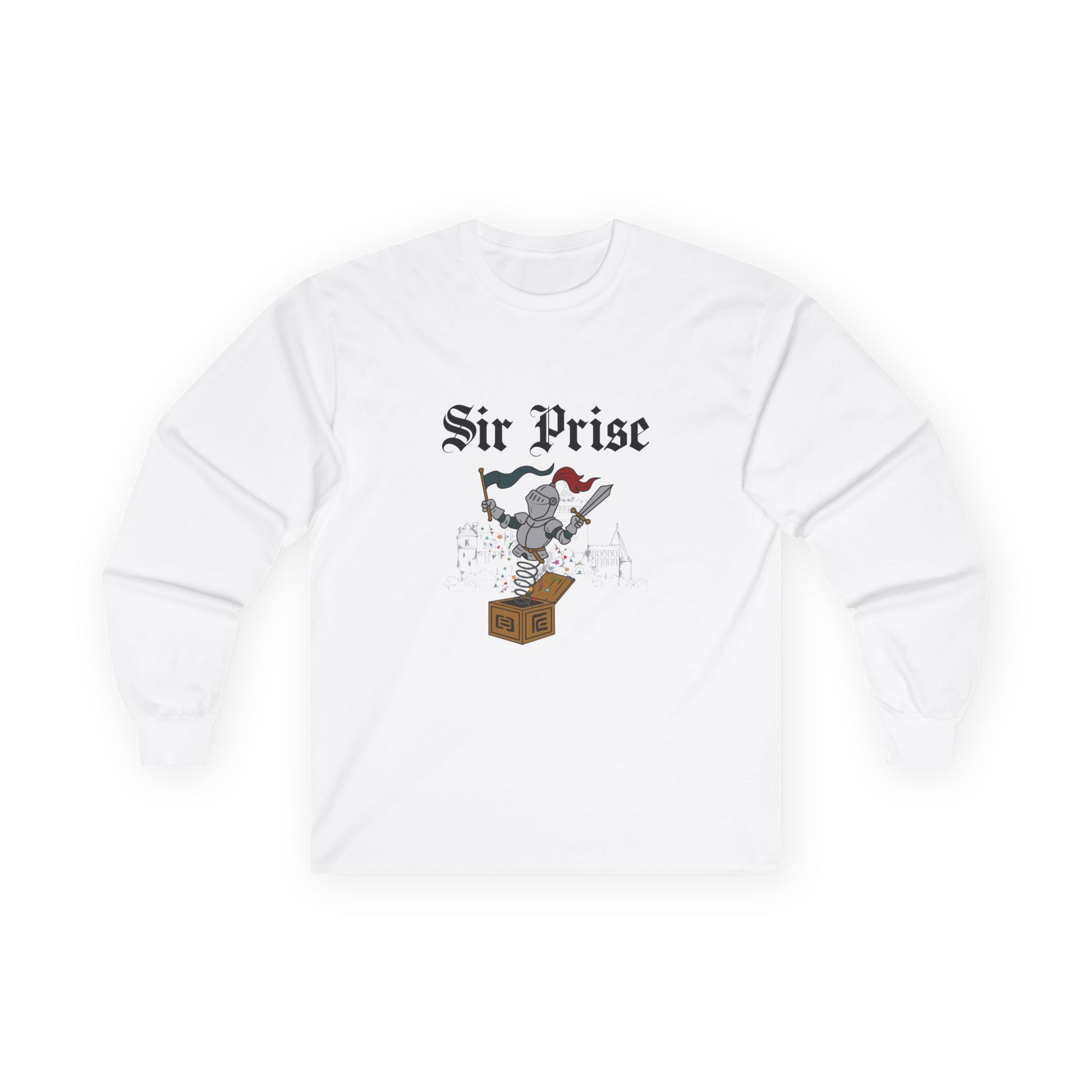 Sir Prise knight popping out of a jack-in-the-box with confetti, playful medieval surprise parody design