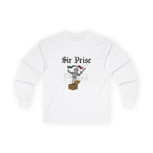 Sir Prise knight popping out of a jack-in-the-box with confetti, playful medieval surprise parody design