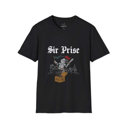 Sir Prise knight popping out of a jack-in-the-box with confetti, playful medieval surprise parody design