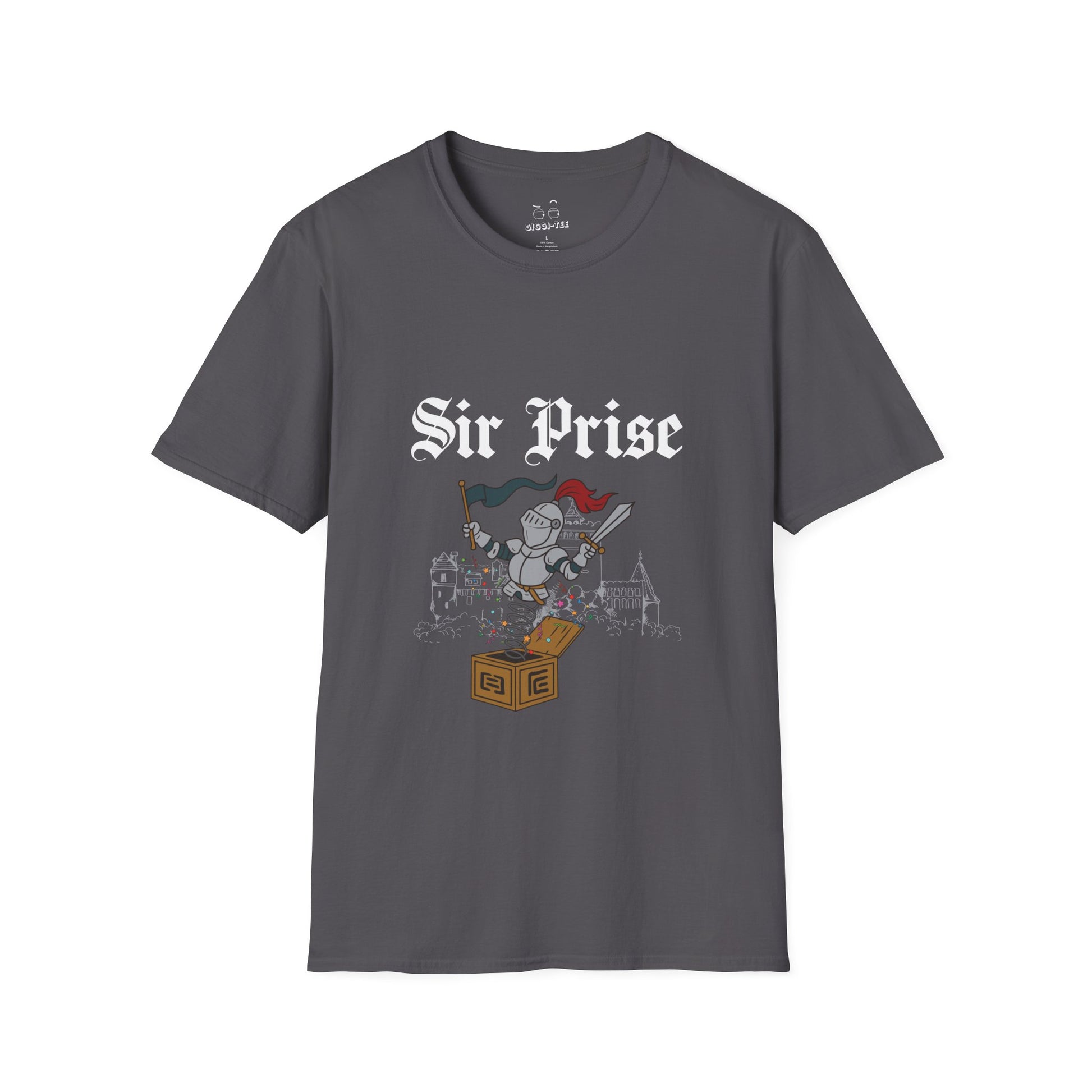 Sir Prise knight popping out of a jack-in-the-box with confetti, playful medieval surprise parody design
