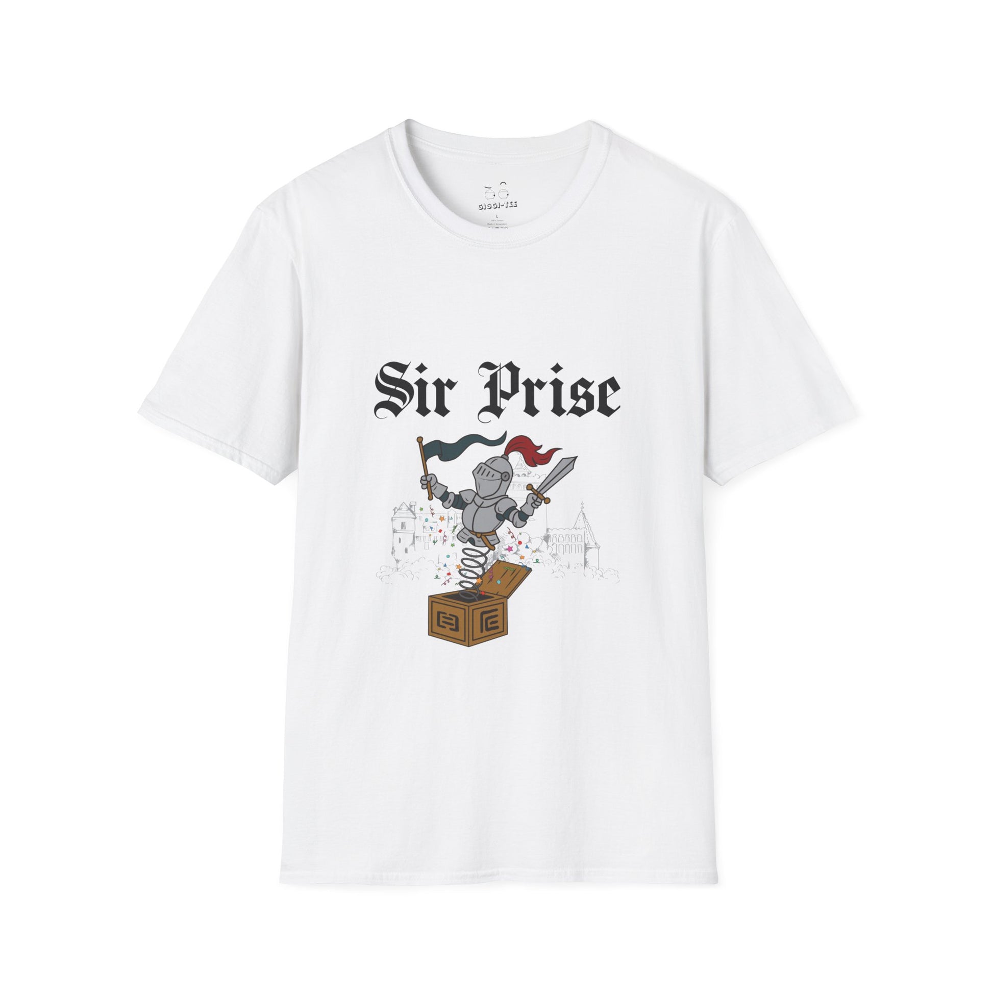 Sir Prise knight popping out of a jack-in-the-box with confetti, playful medieval surprise parody design