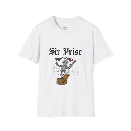 Sir Prise knight popping out of a jack-in-the-box with confetti, playful medieval surprise parody design