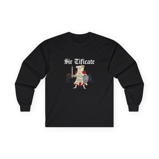 Sir Tificate certificate dressed in knight armor holding a sword and shield, humorous medieval parody design