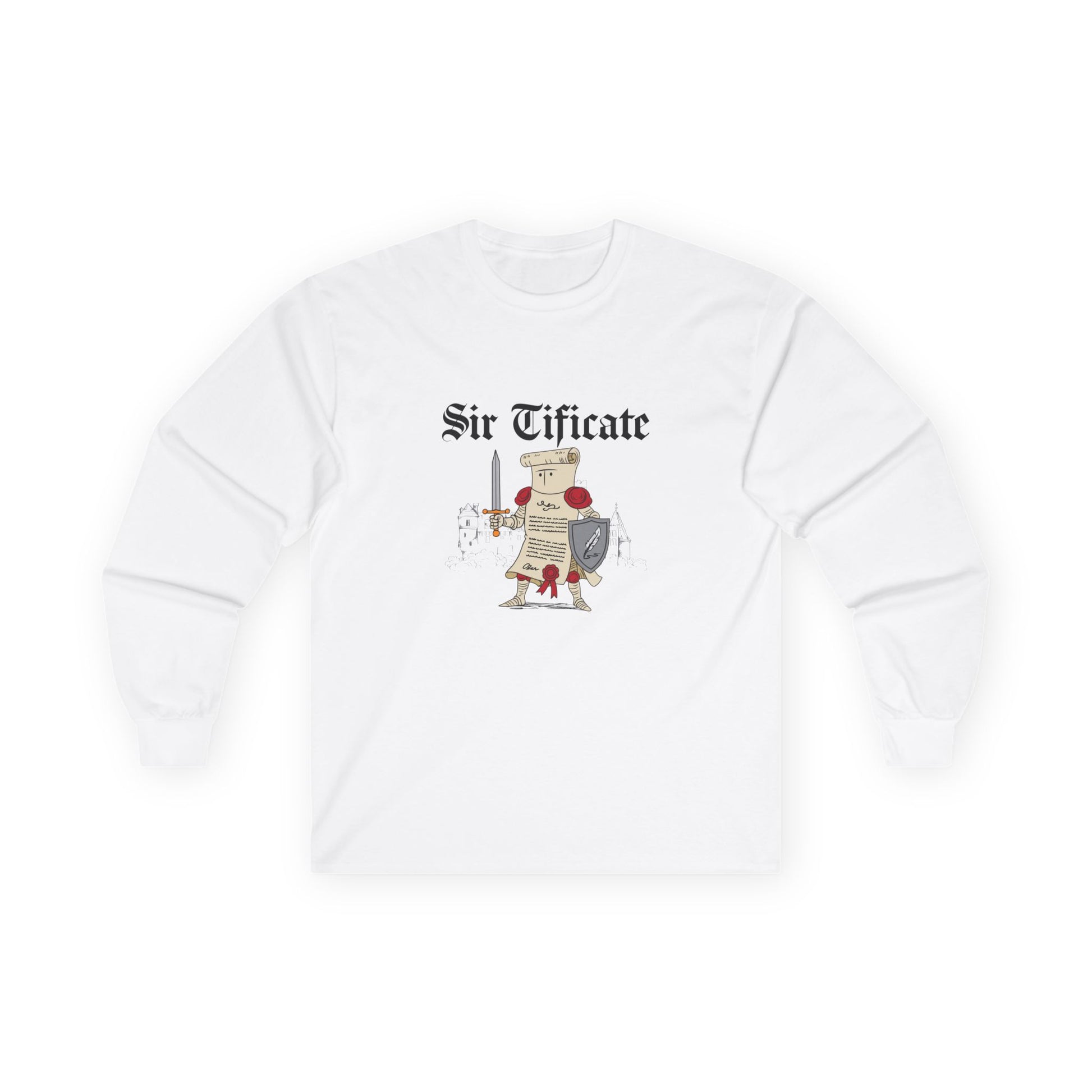 Sir Tificate certificate dressed in knight armor holding a sword and shield, humorous medieval parody design
