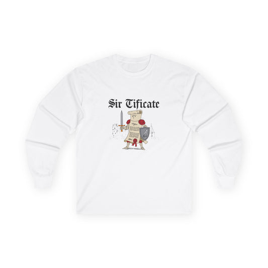 Sir Tificate certificate dressed in knight armor holding a sword and shield, humorous medieval parody design