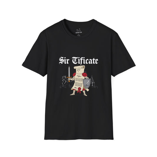 Sir Tificate certificate dressed in knight armor holding a sword and shield, humorous medieval parody design