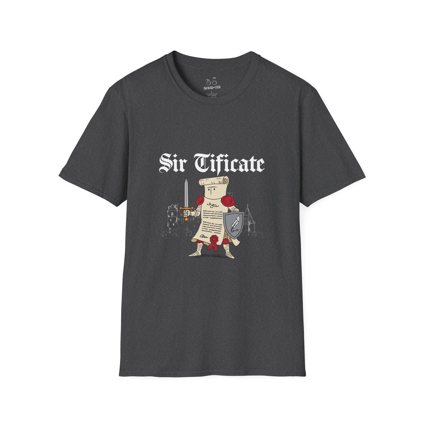 Sir Tificate certificate dressed in knight armor holding a sword and shield, humorous medieval parody design