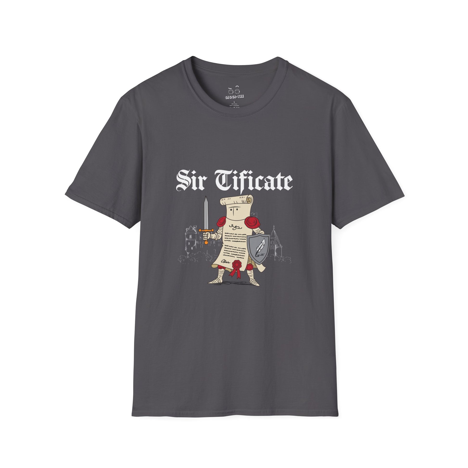 Sir Tificate certificate dressed in knight armor holding a sword and shield, humorous medieval parody design