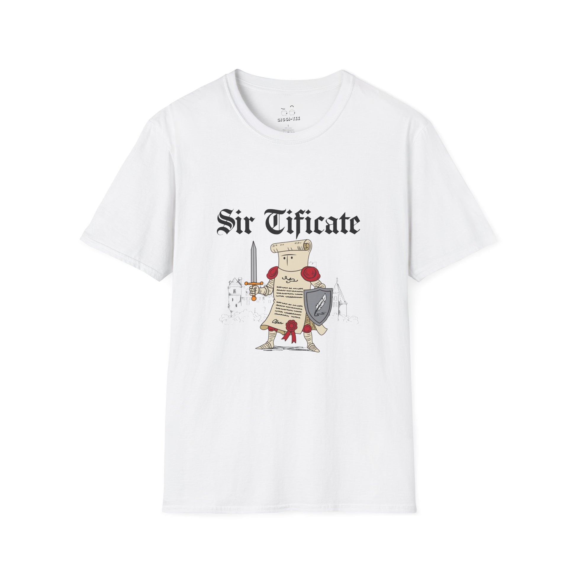 Sir Tificate certificate dressed in knight armor holding a sword and shield, humorous medieval parody design