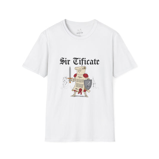 Sir Tificate certificate dressed in knight armor holding a sword and shield, humorous medieval parody design