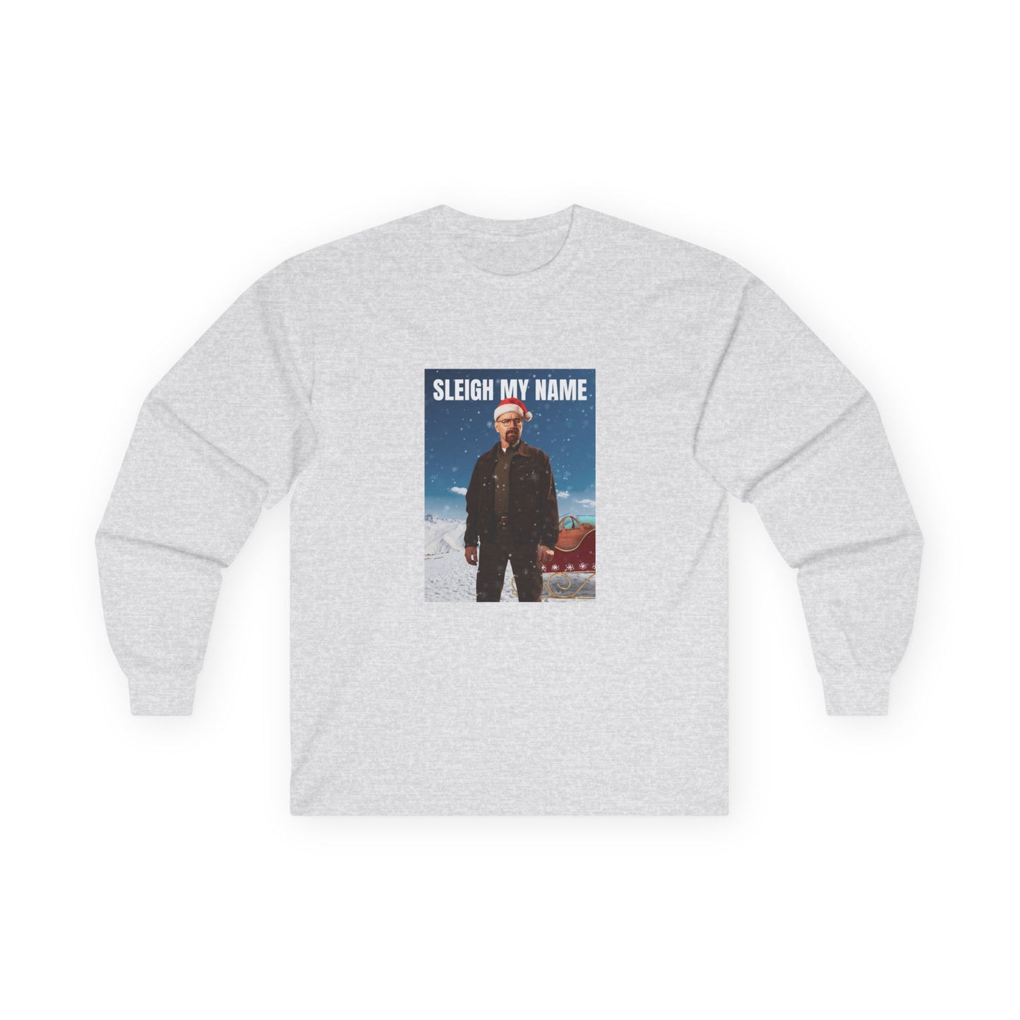 Walter White wearing a Santa hat with a sleigh full of blue meth bags and a leather money bag on a snowy background “Sleigh My Name” Christmas shirt design