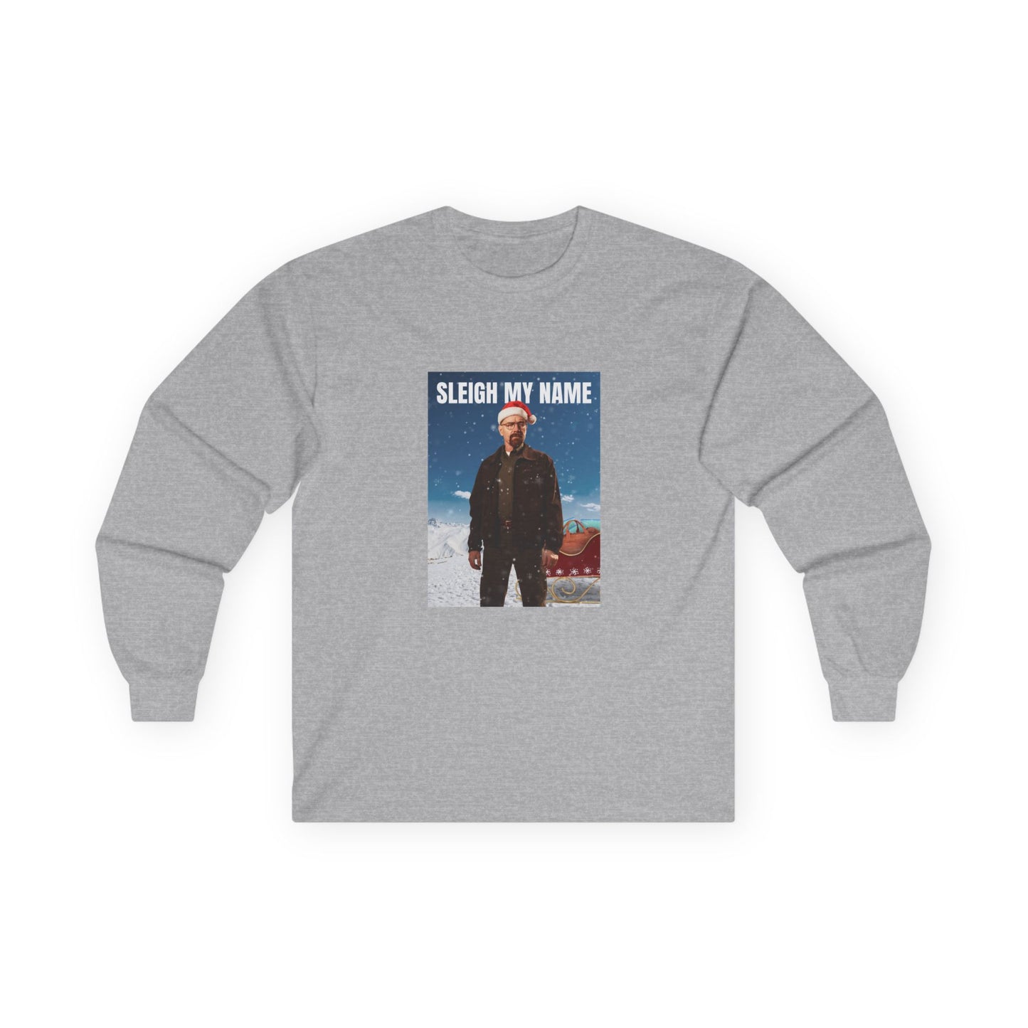 Walter White wearing a Santa hat with a sleigh full of blue meth bags and a leather money bag on a snowy background “Sleigh My Name” Christmas shirt design