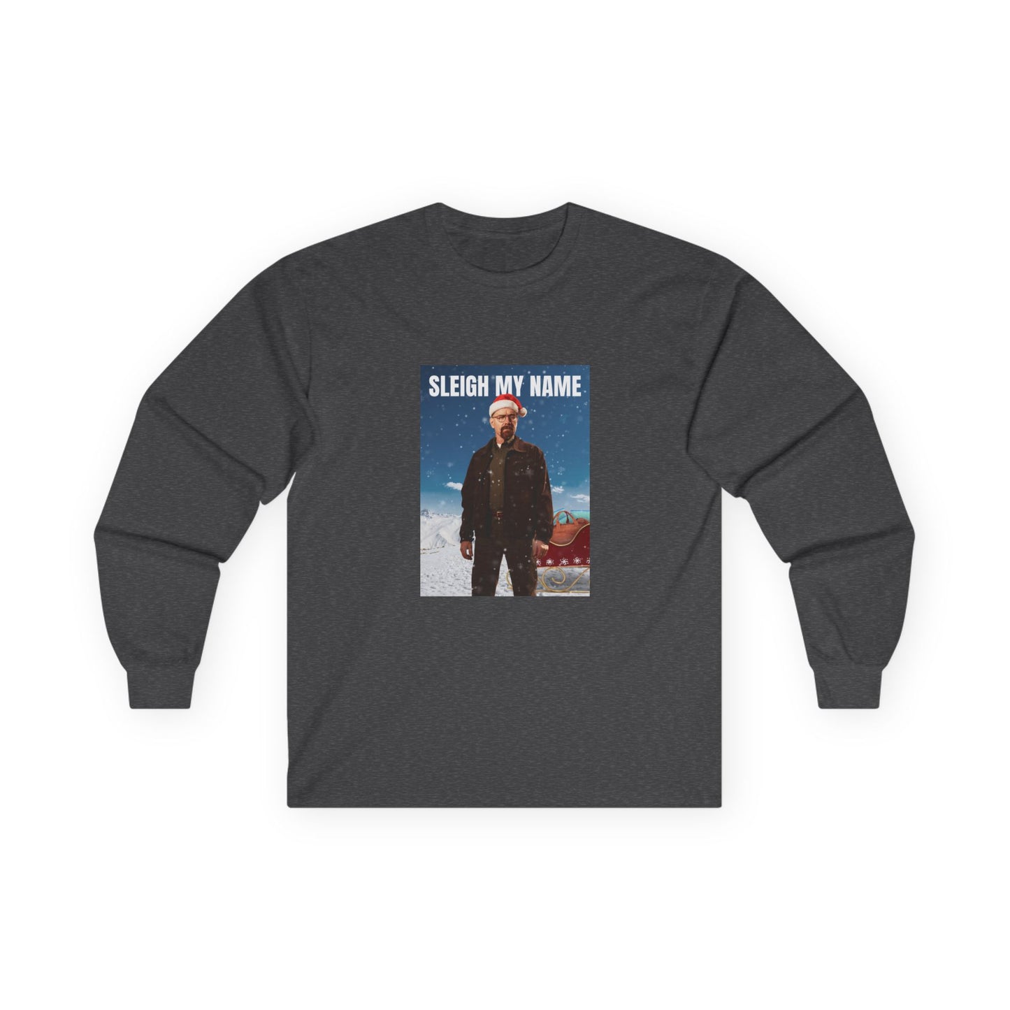 Walter White wearing a Santa hat with a sleigh full of blue meth bags and a leather money bag on a snowy background “Sleigh My Name” Christmas shirt design