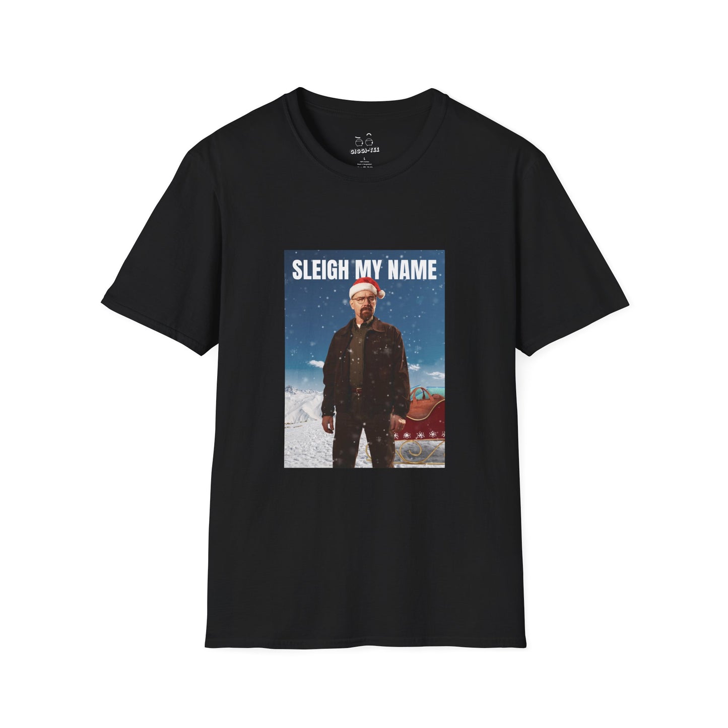 Walter White wearing a Santa hat with a sleigh full of blue meth bags and a leather money bag on a snowy background “Sleigh My Name” Christmas shirt design