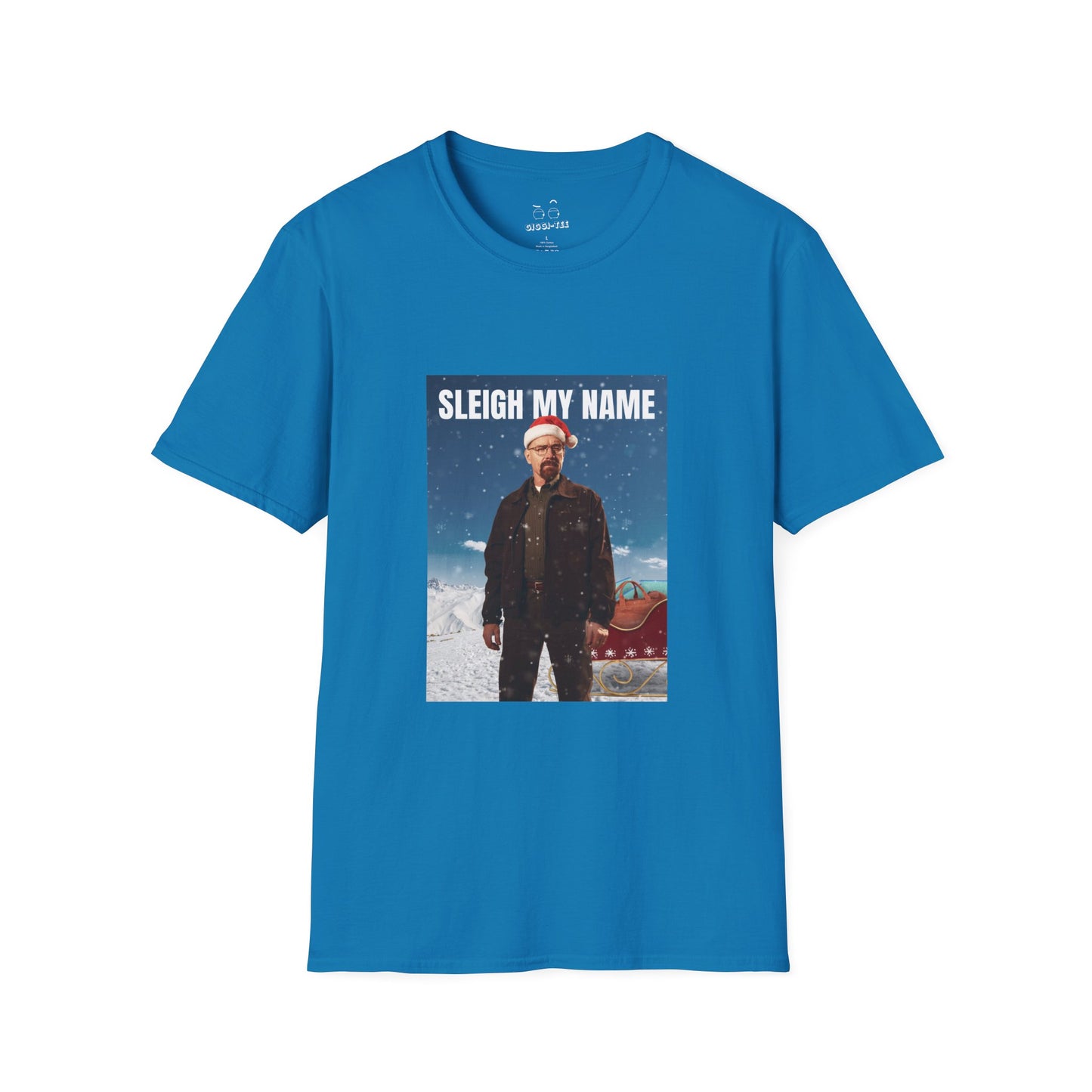 Walter White wearing a Santa hat with a sleigh full of blue meth bags and a leather money bag on a snowy background “Sleigh My Name” Christmas shirt design