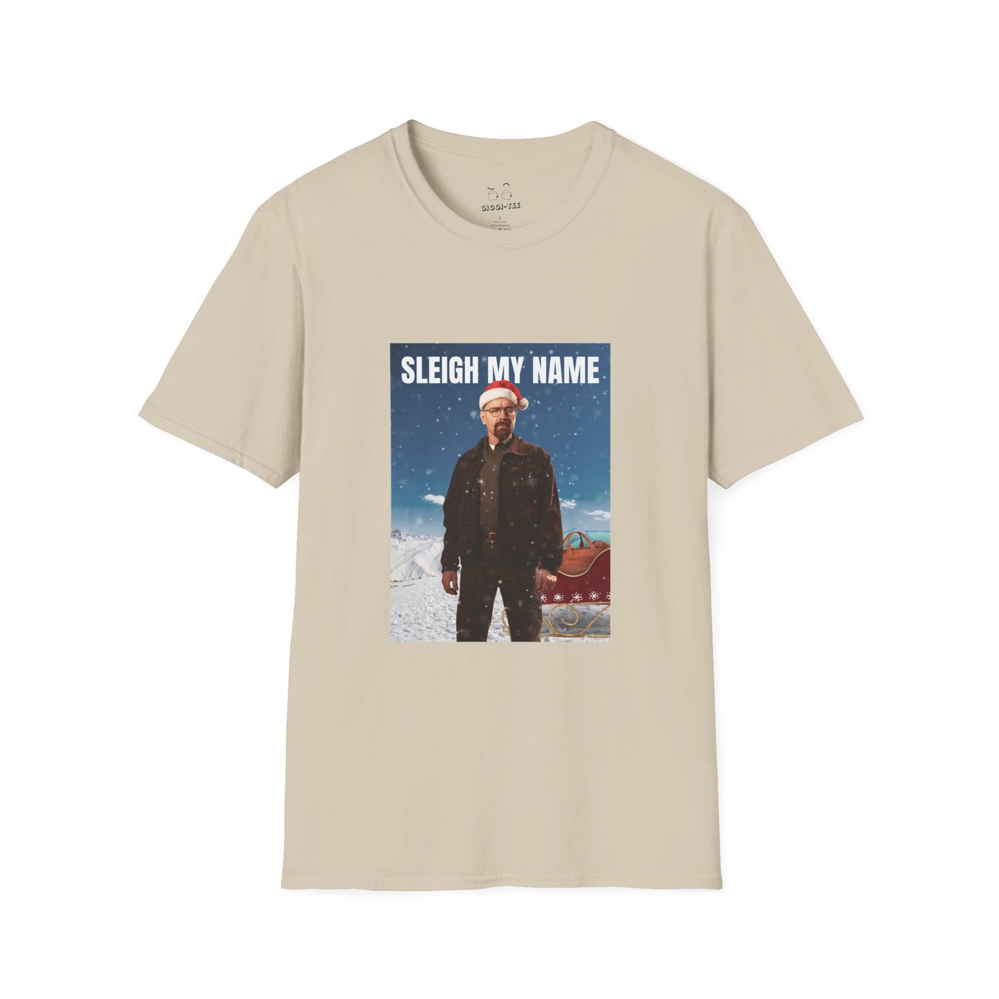 Walter White wearing a Santa hat with a sleigh full of blue meth bags and a leather money bag on a snowy background “Sleigh My Name” Christmas shirt design