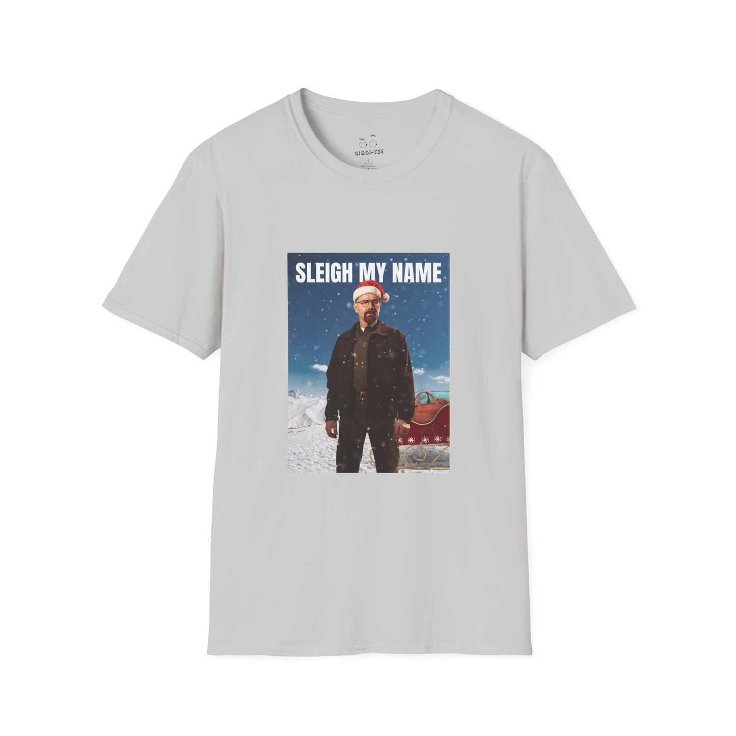 Walter White wearing a Santa hat with a sleigh full of blue meth bags and a leather money bag on a snowy background “Sleigh My Name” Christmas shirt design